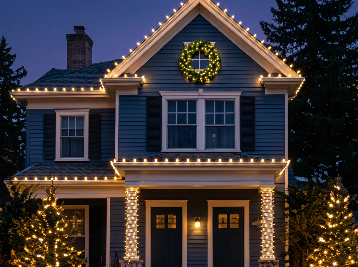 The same home after a professional Buell Christmas light installation, rooflines and columns glowing