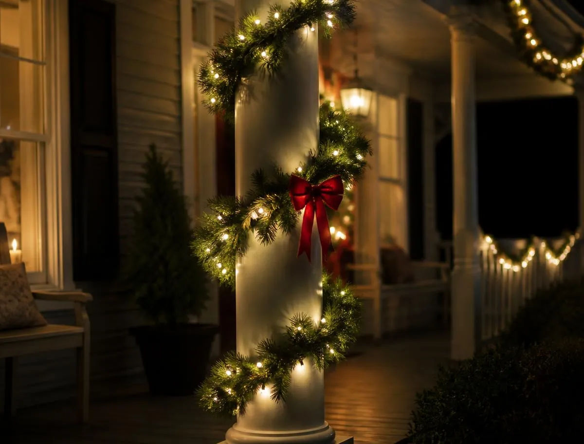 Porch column wrapped in lit garland with a red bow