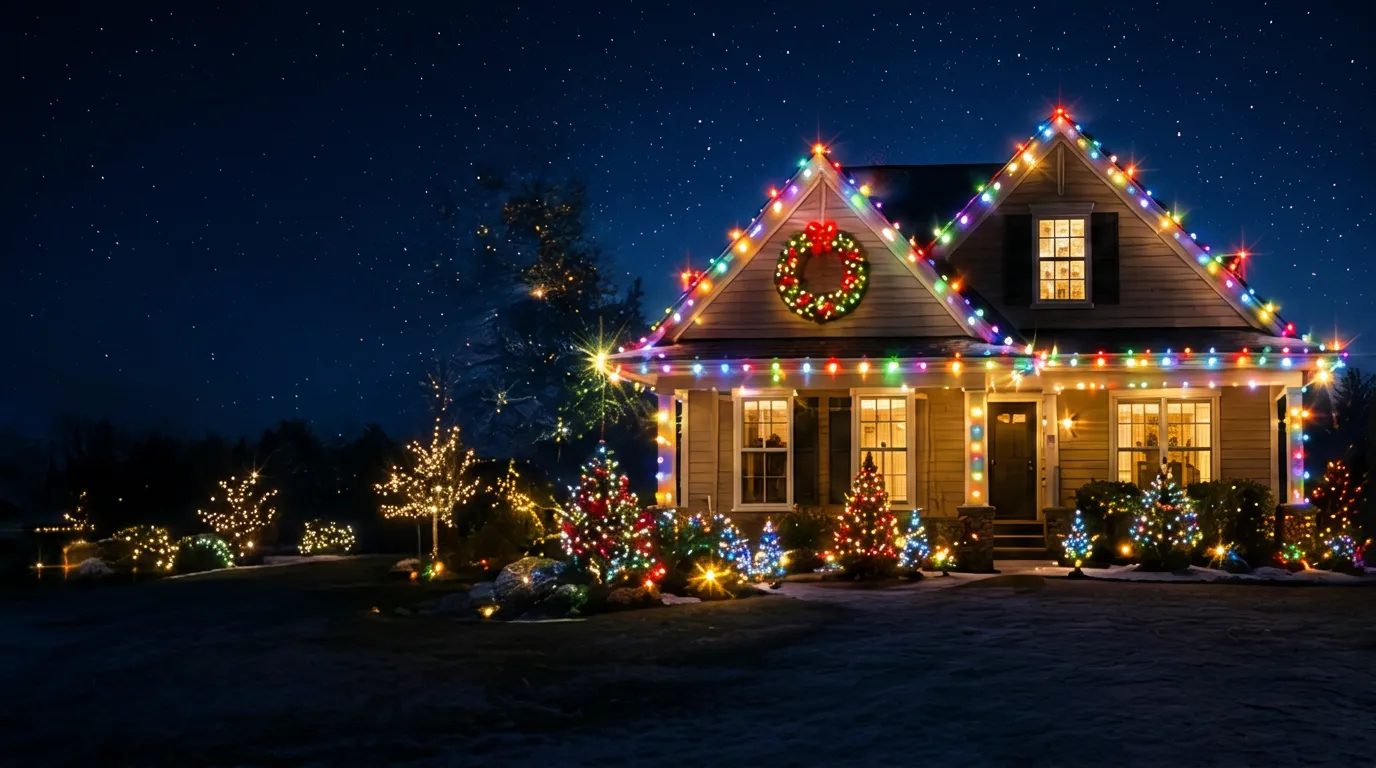 Craftsman home brightened with C9 Christmas lights along the roofline and landscaping