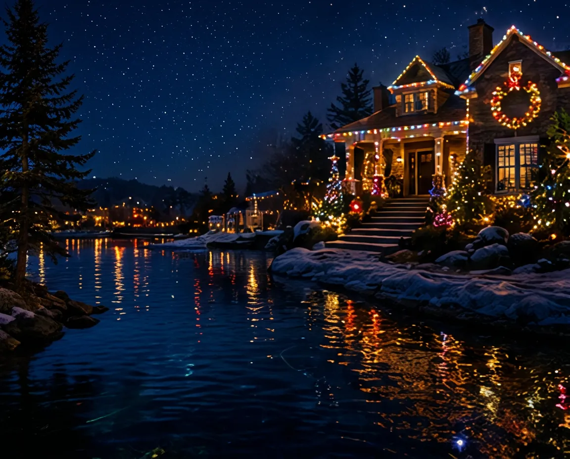 Lake home lit with warm Christmas lights reflecting on the water