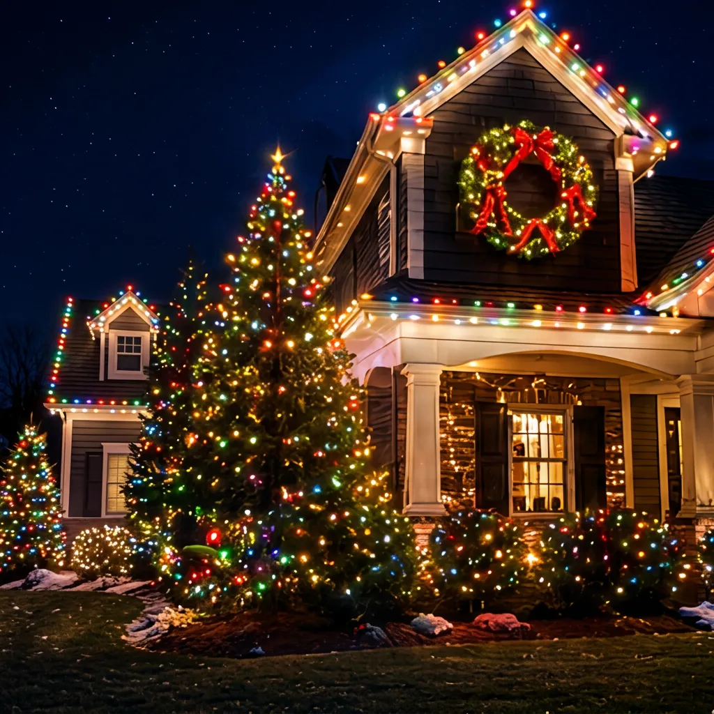 Lit wreath hung on a gable above a Christmas-lit porch