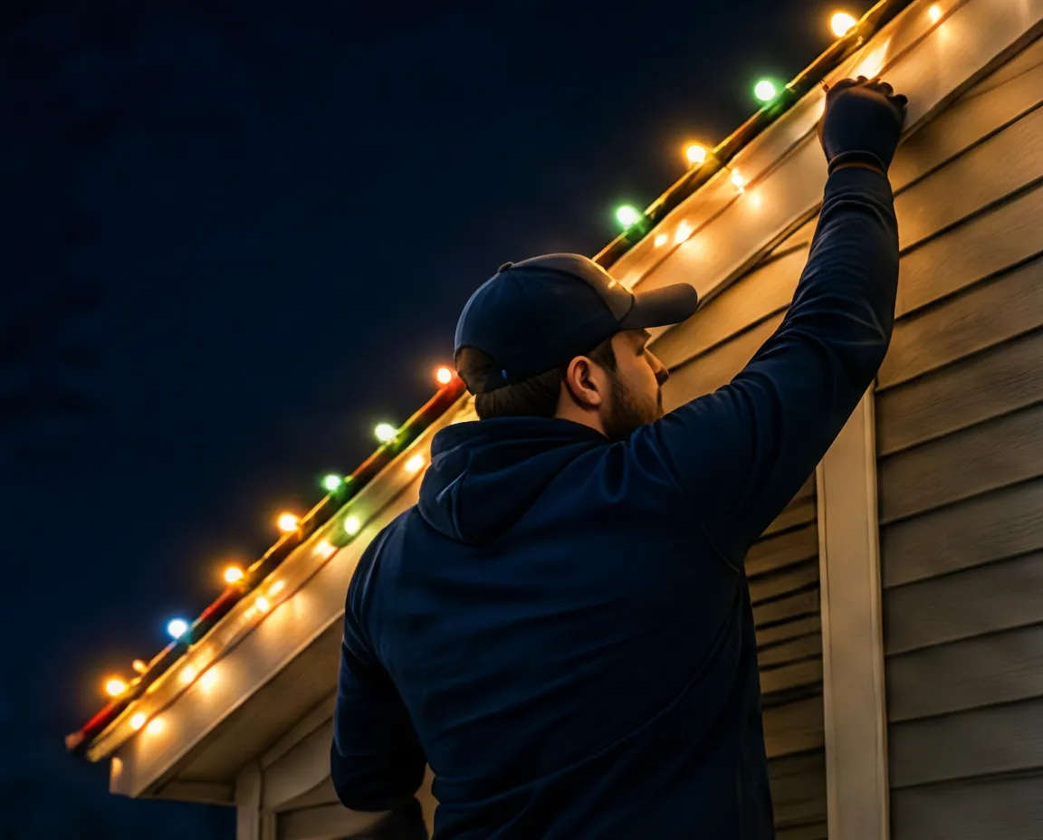 Trained Buell installer clipping premium Christmas lights to a gutter line